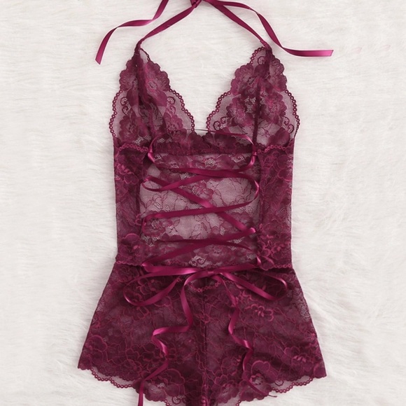 🔴 Lace Lingerie Romper One Piece Burgundy - Picture 2 of 4